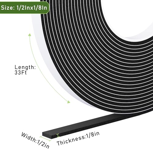 Strong Adhesive Door Weather Stripping,1/2Inch Wide X 1/8 Inch Thick,Foam Insulation Tape,Air Conditioner Foam,Window Soundproof Weatherproof,Total 33 Feet Long - size: 1/2Inx1/8Inx33Ft