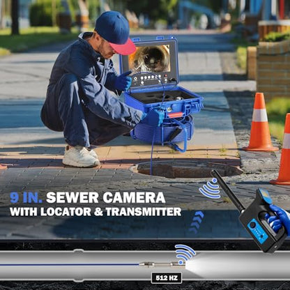 ZELCAN Self-Leveling Sewer Camera with Locator, Drain Camera 165FT with 9 in. LCD Screen, Waterproof IP68 Borescope Plumbing with 12 LED Lights, with 512Hz Transmitter and Receiver(32GB Card) - size: 9 in./165 ft.