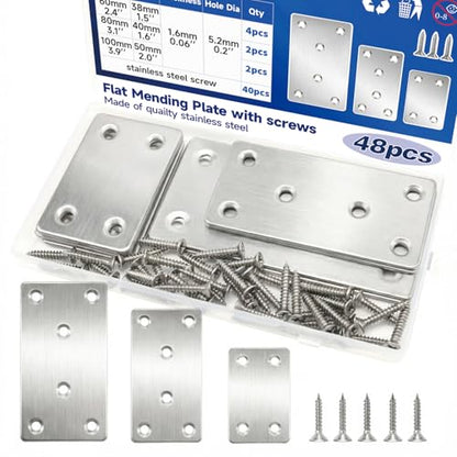 8Sets 3Sizes 2.4x1.5'' 3.1x1.5'' 4x2'' Silver Flat Metal Brace Brackets Straight Mending Plates for Wood Stainless Steel Bracket Plate with Holes YY032-B - color: Silver