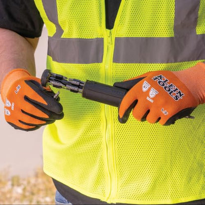 Klein Tools 60581 Work Gloves, Knit Dipped Cut Resistant ANSI A1 Nitrile Coated Gloves, Nylon-Spandex, Touchscreen Capable, Large, 2-Pair - size: Large, style: 2-pair Pack