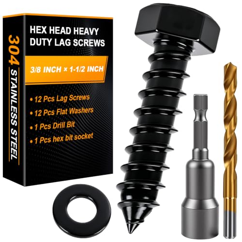 Hex Head Lag Bolts for Wood, 3/8" x 1-1/2", Lag Screws 12 PCS - size: 3/8" x 1-1/2"