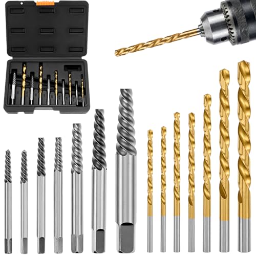 QWORK 14-Piece Damaged Screw Extractor Set with Left-Hand HSS Drill Bits - Removing Broken Bolts Kit for Men - Gift-Ready with Storage Box