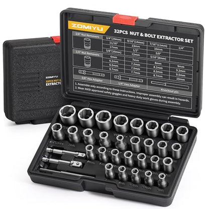 32-Piece Bolt Extractor Kit, 1/4" & 3/8" Drive Stripped Nut Remover - size: 32Pcs