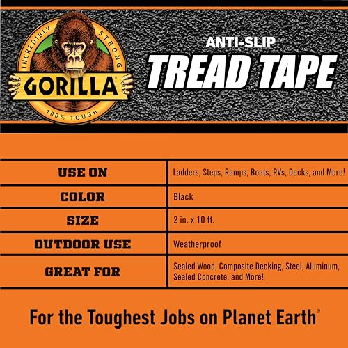 GORILLA Anti-Slip Tread Tape, 2" x 10' Roll, Black - size: 1 - Pack