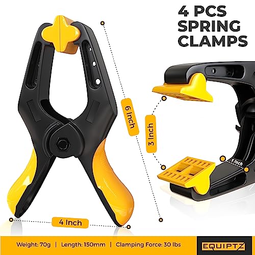 EQUIPTZ 6 inch Spring Clamps Heavy Duty - 4 Pack Large Plastic Clamps for Woodworking, Crafts, Backdrop and Pool Cover with 3 inch Mouth Opening - Rust Free Spring Clips with Non-Detachable Jaw Pads - size: 6" Pack of 4