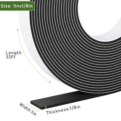 Weather Stripping Door Seal Black,1Inch Wide X 1/8 Inch Thick,Air Conditioner Window Seal,Self Adhesive Foam Tape High Density Foam Sealing Strip,Door Soundproof Tape Roll,Total 33 Feet Long - size: 1Inx1/8Inx33Ft