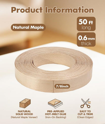 Maple Edge Banding 7/8 Inch x 50 Ft Preglued Iron on Wood Veneer Edging, Real Natural Maple Iron-On Veneer Edge Band, Self Adhesive Flexible Plywood Wood Tape for Cabinet and Table Repair - color: Maple, size: 7/8 inch X 50 ft