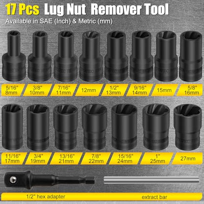 Topec 17Pcs Lug Nut Extractor Set, 1/2" Drive Locking Lug Nut Removal Tool, 8-27mm Wheel Lock Removal Kit, Deep Bolt Extractor Socket Set for Stripped, Broken, Rounded Bolts - size: 17 PCS