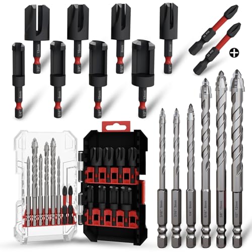 Wood Plug Cutter Drill Bit Set 16-Piece, Straight and Tapered Cutting Tools，Includes Screwdriver Bits and Masonry Drill Bit Set, 1/4" Hex Shank for Woodworking with Storage Box