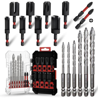 Wood Plug Cutter Drill Bit Set 16-Piece, Straight and Tapered Cutting Tools，Includes Screwdriver Bits and Masonry Drill Bit Set, 1/4" Hex Shank for Woodworking with Storage Box