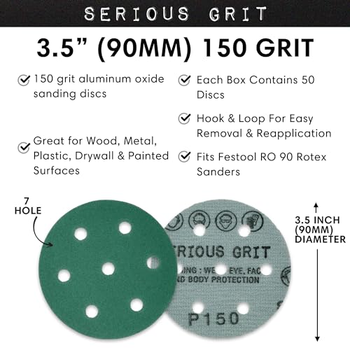 Serious Grit - 3.5" (90mm) 7-Hole P150 Grit Sanding Discs - 50 Pack Box - size: 150 Grit