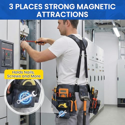 Tool Belt with Suspenders, 18-Pocket Combo Harness System with Magnetic Pouches, Heavy Duty Detachable Utility Bags Adjustable 32"-66" Waist for Electricians, Carpenters, Framers (Camouflage) - color: Camouflage