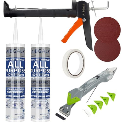 Variety Caulking Tool Kit, 2 Gray Silicone Sealant, Hand Caulking Guns and 5 in 1 Scraper/Smoothing Tool, Sandpaper, Gloves and Masking Tape, with All-Purpose 100% Silicone Caulk 20.2 Oz