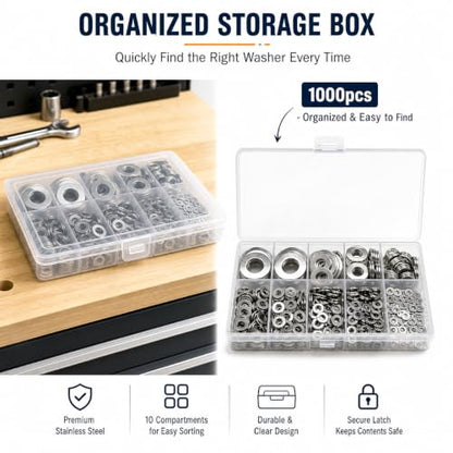 1000PCS Flat Washer Assortment Kit – Stainless Steel,9 Sizes (M2 M2.5 M3 M4 M5 M6 M8 M10 M12) for Screws, Bolts, Industrial, DIY, Furniture & Automotive Projects