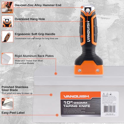 Vanquish 10 Inch Stainless Steel Drywall Taping Knife Scraper with Flexible Blade and Soft Grip Handle (3521) - size: 10 Inch