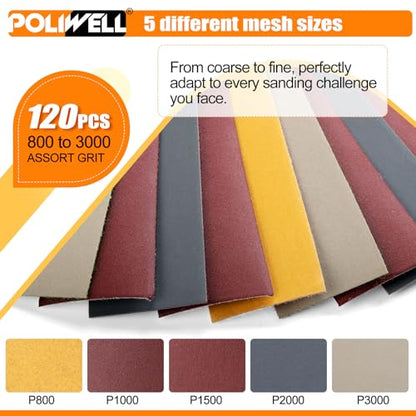 POLIWELL 120pcs Micro Detail SanderPaper Kit with Storage Box,3.5” x 1” Hand Sanding Block High Grit Kit,3-in-1 Sand Paper Kit,800-3000 Fine Grit Sandpaper Assortment Pack for Wood Tight Narrow Spaces - size: 800-3000Grit