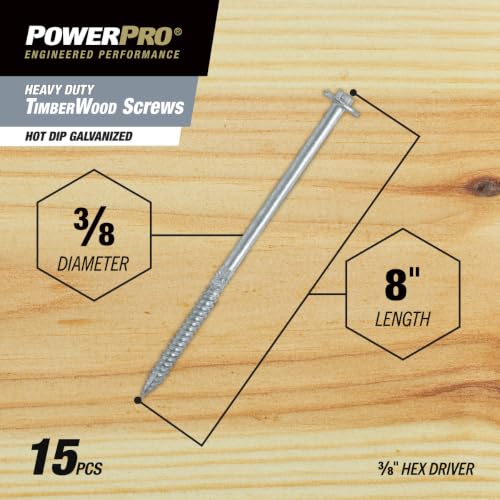 Power Pro TimberWood Structural Screws, 3/8 x 8in, 15 Pieces, Silver - color: Silver, size: 3/8 inch x 8 inch, style: 15pc