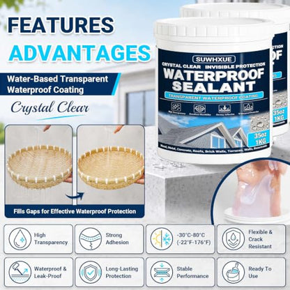 Clear Waterproof Sealant, SUWHXUE 70oz/2KG Water-Based Transparent Waterproof Leak Repair Coating, Invisible Flexible Sealant for Concrete Walls Wood Metal Roof Water Sealer Indoor & Outdoor - size: 70 Oz
