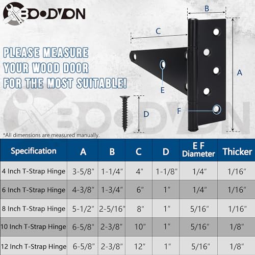 4 Inch T-Strap Gate Hinges, Shed Barn Door Hinges Heavy Duty, Black Tee Hinges for Wooden Fences, Yard Gate, Wrought Hardware Iron Rustproof (2Pack/Set) - size: 4 Inch