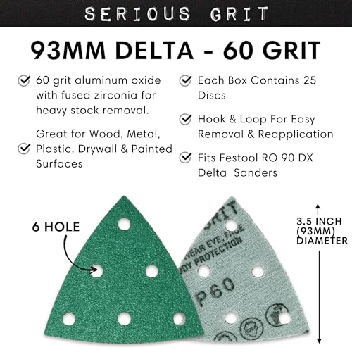 Serious Grit - 93mm 6-Hole P60 Grit Triangle Sanding Sheets - 25 Pack Box - style: 60 Grit
