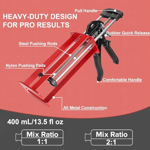 Epoxy Gun Dual Component 400ml – Manual 1:1 & 2:1 Ratio Adhesive Applicator for Epoxy, Urethane, Acrylic,High-Thrust 2-Part Adhesive Gun for Panel Bonding, Structural & Plastic Repair,Red - size: 400 ml (1:1, 2:1)