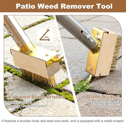 Crack Weeder Tool Long 63", Moss Remove Brush with 2 Brush and 2 Scraper