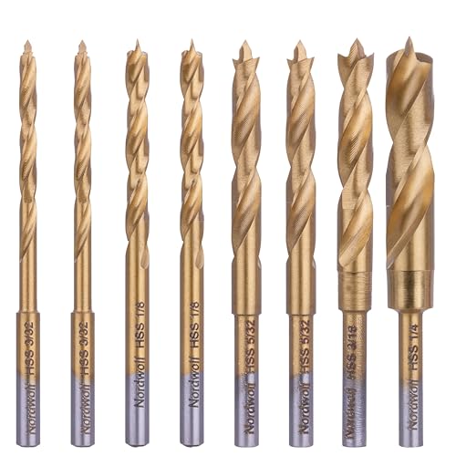 NordWolf 8-Piece HSS M2 Brad Point Wood Drill Bit Set, Titanium Nitride Coated with 1/8" Straight Shank for Rotary Tools & Flex Shafts, SAE Sizes 3/32"-1/8"-5/32"-3/16"-1/4" in Storage Case - size: 3/32" to 1/4" (5 Pcs)