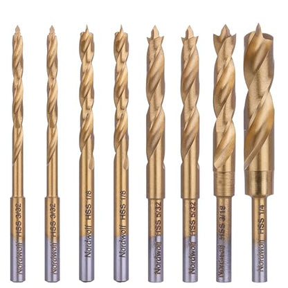 NordWolf 8-Piece HSS M2 Brad Point Wood Drill Bit Set, Titanium Nitride Coated with 1/8" Straight Shank for Rotary Tools & Flex Shafts, SAE Sizes 3/32"-1/8"-5/32"-3/16"-1/4" in Storage Case - size: 3/32" to 1/4" (5 Pcs)
