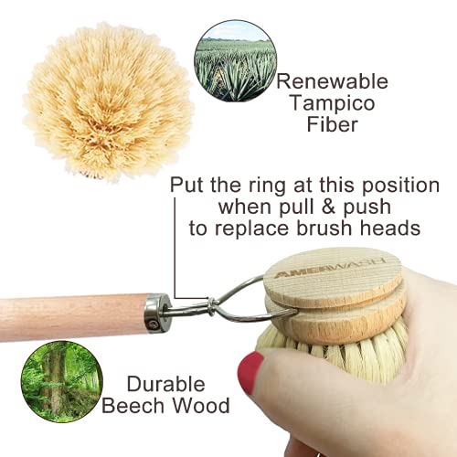 AMERWASH PLUS Dish Brush with Wooden Handle, Natural Kitchen Brush for Dishes Vegetable, Pots and Pans, Tampico Fiber Bristles Scrubber, Extra 3 Pack Replacement Head Included