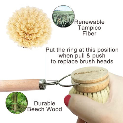 AMERWASH PLUS Dish Brush with Wooden Handle, Natural Kitchen Brush for Dishes Vegetable, Pots and Pans, Tampico Fiber Bristles Scrubber, Extra 3 Pack Replacement Head Included