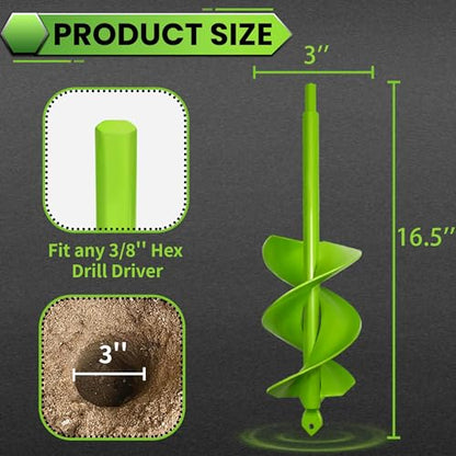 Upgrade Auger Drill Bit for Planting, 3”x16.5” Auger Drill Bit-Garden Auger Spiral Drill Bit, Heavy Duty Garden Auger for 3/8” Hex Driver Drill - size: 3"x16.5"-Green