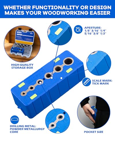 Drill Block Guide Set for Straight Holes with Drill Bits & Stop Collars – Complete Kit with 9 Brad Point Bits, 6 Depth Collars, Case, Guide Blocks for Woodworker Drilling Holes & DIY Projects