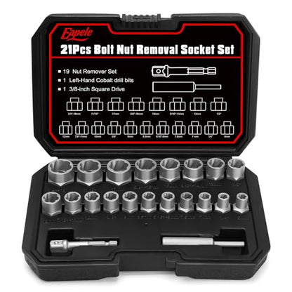Eapele Bolt Extractor Set, Stripped Nut Remover Twist Sockets, Fit 3/8" Square Drive with Solid Storage Case (21pcs, Silver) - size: 21pcs