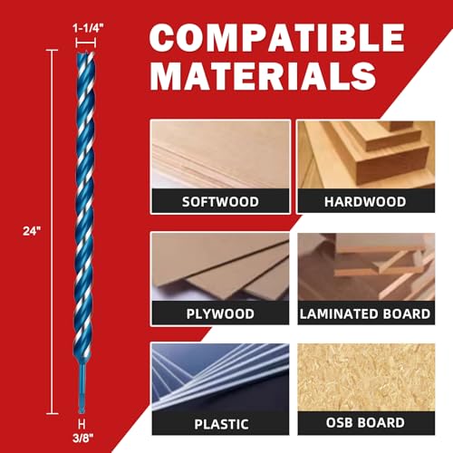 1-1/4" x 24" Wood Auger Drill Bits, 3-Flute Hex Shank - size: 1-1/4" x 24"