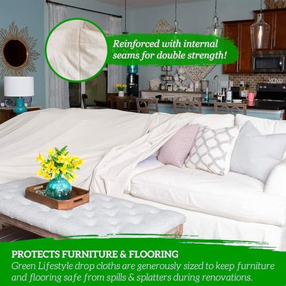 GREEN LIFESTYLE All Purpose Canvas Drop Cloths - Drop Cloth for Painting, Floor Cover, Heavy Duty Protection for Furniture & Surfaces, Reusable Painters Canvas Tarp for Renovation & Home (4x10) - size: 4x10