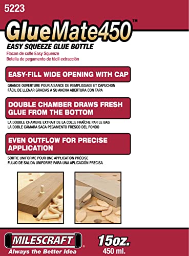 Milescraft 5223 Glue Mate 450-15oz. (450ml) Precision Wood Glue Bottle - Anti-Drip & Wood Glue Dispenser, 16 Oz Btl, Drip Less