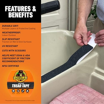 GORILLA Anti-Slip Tread Tape, 2" x 10' Roll, Black - size: 1 - Pack