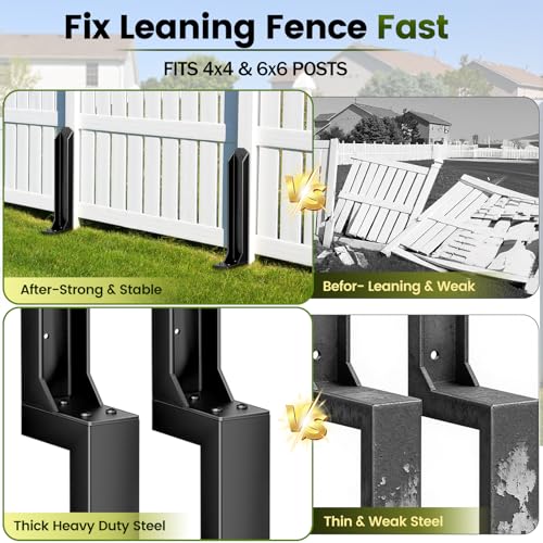 6 Pack Fence Post Repair Kit, Heavy Duty Steel Ground Spike Anchor for Fixing Leaning or Broken 4x4 & 6x6 Wood Posts, No Dig Drive-in Support for Yard, Garden & Fence - size: 6pack