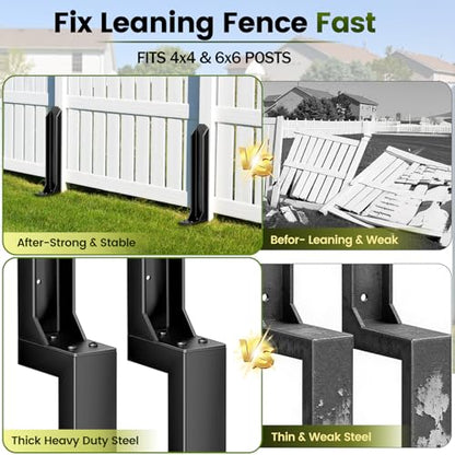 6 Pack Fence Post Repair Kit, Heavy Duty Steel Ground Spike Anchor for Fixing Leaning or Broken 4x4 & 6x6 Wood Posts, No Dig Drive-in Support for Yard, Garden & Fence - size: 6pack