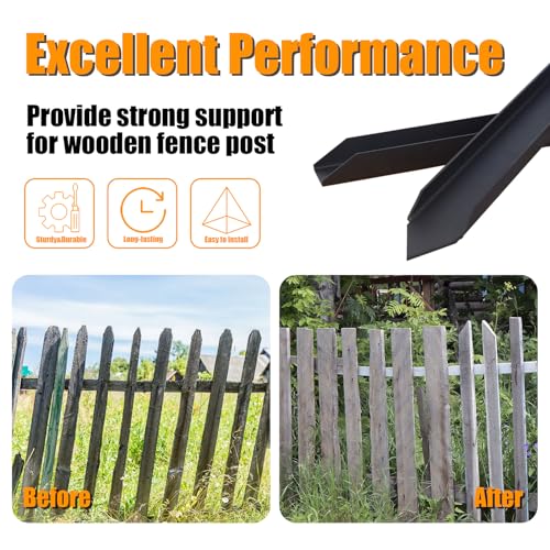 Thickened Fence Post Repair Kit, Steel Fence Post Anchor, Fence Post Repair Stakes for Repairing Tilted Broken Wooden Fence Post(2 Pack,Black)