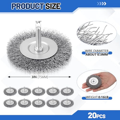Moxweyeni 20 Pcs 3 Inch Wire Wheel Brushes for Drill Bits, 1/4 Inch Shank - size: 3 Inch