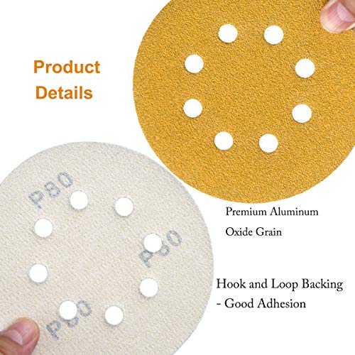 5-Inch 8-Hole Hook and Loop Sanding Discs 60-400 Mixed Grit, 50-Pack