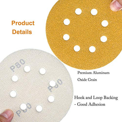 5-Inch 8-Hole Hook and Loop Sanding Discs 60-400 Mixed Grit, 50-Pack