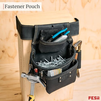 FESA 3 Inch Leather Tool Belt for Men with Hammer Holder Adjustable 34"-44" - color: Black
