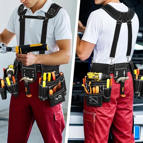 Professional Tool Belt for Men, Magnetic Tool Pouch with Suspenders - color: Black