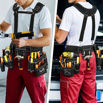 Professional Tool Belt for Men, Magnetic Tool Pouch with Suspenders - color: Black