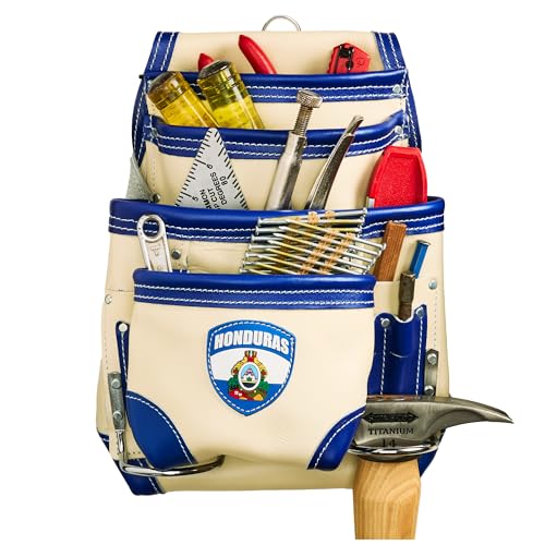 FESA Leather Carpenter Tool Pouch - 10-Pocket Heavy Top Grain Leather Carpenter Pouch with 2 Hammer Loops, Large & Small Pockets - Fits Work Belts up to 3" - Handcrafted - Country-Themed - color: White - Honduras