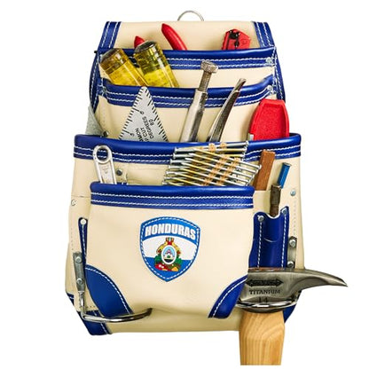FESA Leather Carpenter Tool Pouch - 10-Pocket Heavy Top Grain Leather Carpenter Pouch with 2 Hammer Loops, Large & Small Pockets - Fits Work Belts up to 3" - Handcrafted - Country-Themed - color: White - Honduras