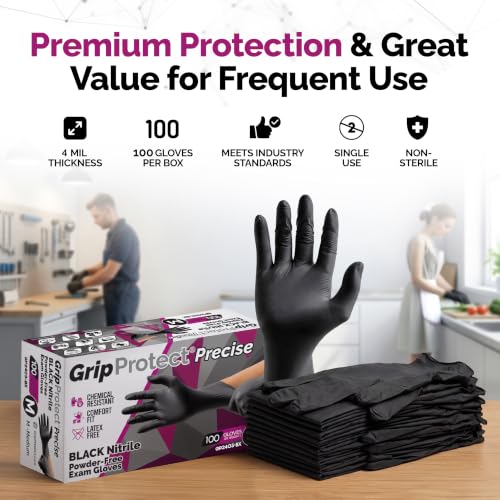 GripProtect Precise Black Nitrile Gloves 4 Mil, Chemical Resistant Gloves - size: Medium (100 Count)