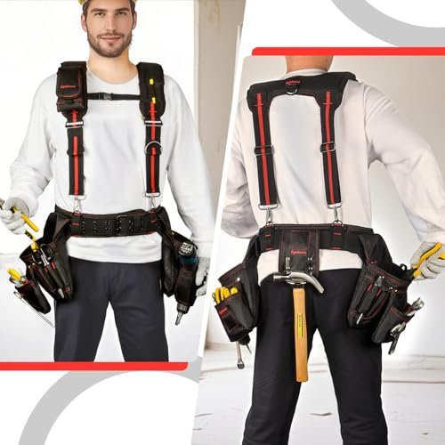 Heavy Duty Tool Belt with Padded Suspenders – Adjustable Construction Tool Rig with Multi-Pouch System – Framing & Electrician Waist Belt for Men（Adjustable one sizeZ)